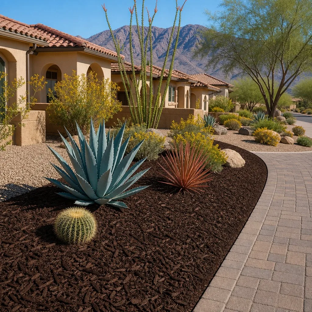 Bed edging and weed suppression detail in Las Vegas